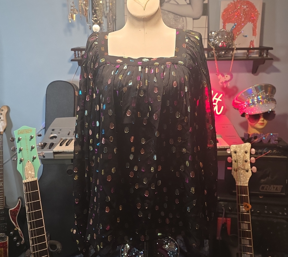 kate spade Black Sheer Blouse with Iridescent Multicolor Dot Accents